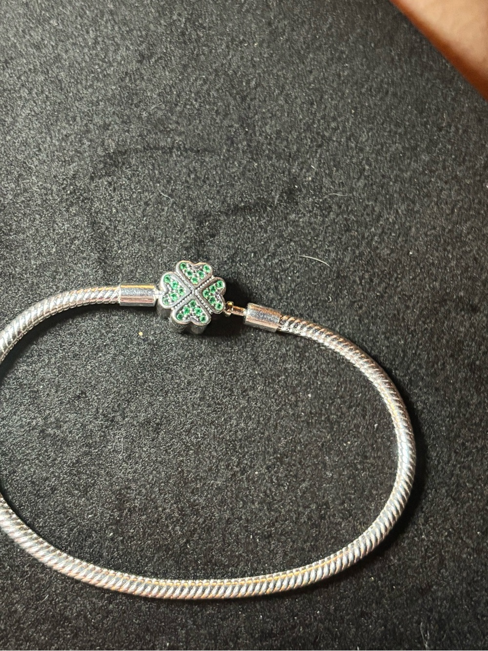 Silver Snake Chain Bracelet with Green Clover Charm